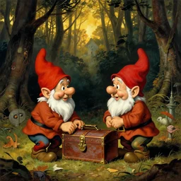 two gnomes playing chest in a forest, bold colours, atmospheric, surrealist, golden hour, highly detailed, dramatic lighting, moody, by dali and moebius and picasso and corben and giorgio de chirico and el greco and munch