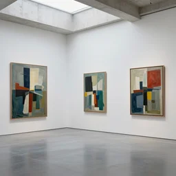 painting of interior shot of a white concerete brutalist contemporary art museum with abstract colourful paintings hanging on the wall by darek zabrocki and greg ruthkowski, cinematic and cold atmospheric, archillect concept art, artstation, trending on artstation