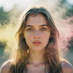 analog close up frontal face portrait photography of a beautiful woman surrounded by colored powder explosion by anka zhuravleva and ary scheffer. vogue. kodak portra 8 0 0 film. ( depth of field ). whirl bokeh!!. golden hour. detailed. hq. realistic. warm light. muted colors. filmic. dreamy. lens flare. mamiya 7 ii, f / 1. 2, symmetrical balance, in - frame