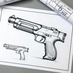 an engineering sketch diagram of a laser gun, blueprints, diagram, user manual, sketch, engineering design