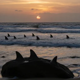 beach rock, sea shore, hundreds of shark fins in the waves, dark silouhettes under water, sunset, waves