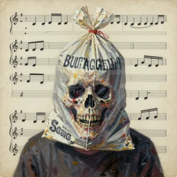 musical score, vintage collage, trash bag on head, blurred, grotesque, doomed, neural acrylic paint, high resolution, gouache on canvas, ultra detailed artwork by art spiegelman