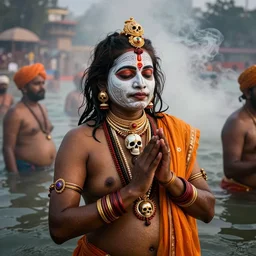 sadhus bathing in the ganges in allahabad during the maha kumbh mela, aghori, india, face paint, skull jewelry, highly composed, iintricate detail, cinematic, dramatic lighting, smoke, ritual