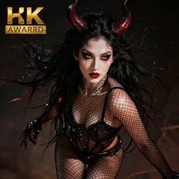 portrait of a demoness wearing a fishnets, photo realistic, dynamic lighting, artstation, volumetric lighting, very detailed face, 4 k, award winning, art by artgerm and alphonse mucha