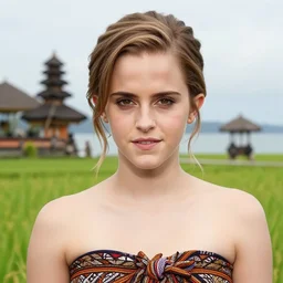 emma watson wearing batik bali in bali. temple lake, rice field ocean. front view. instagram closeup holiday photo shoot, perfect faces, beautiful