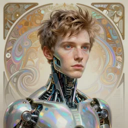 A portrait of Thom Yorke as a cyberpunk android, iridescent highlights, surrounded by digital swirls, highly detailed, intricate, soft, sci-fi, sharp focus, subsurface scattering, art by Caravaggio, Moebius, Greg Rutkowski, Alphonse Mucha, Norman Rockwell