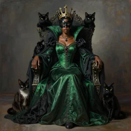 full body portrait of black skinned, masked queen in green and black gothic robes sitting on a throne of cats, elegant, highly detailed painting by gaston bussiere, craig mullins, j. c. leyendecker, 8 k, mid shot