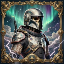 a detailed profile illustration of a skeleton in a space armour, cinematic sci-fi poster. technology flight suit, bounty hunter portrait symmetrical and science fiction theme with lightning, aurora lighting clouds and stars by beksinski carl spitzweg and tuomas korpi. baroque elements. baroque element. intricate artwork by moebius. Trending on artstation. 8k