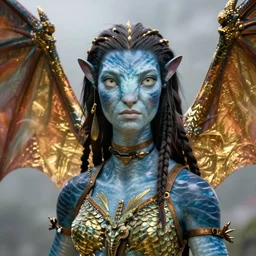a stunning ultra detailed fantasy fine art portrait photo of a na'vi goddess from avatar movie with dragon wings, by artgerm, karol bak and zach sutton, arms made of dragon skin, golden ratio composition, 2 4 m lens, deep depth of field, perfect eyes and face, soft lighting, artstation, 8 k