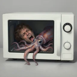 a perfect hyperrealist painting of a creature. part man, part squid, being compressed into a domestic microwave oven. screaming and panic. fine art, gallery lighting, solemn, and exquisite