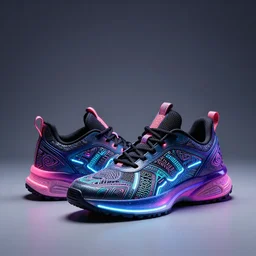 a profesional studio advertising photograph of a pair of digital futuristic sneakers with neon lights and mayan aesthetic shot in a profesional photographic studio