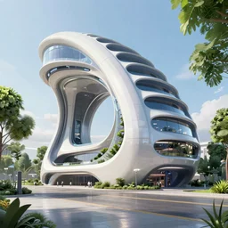 highly detailed futuristic architecture by and santiago calatrava, in the style of pixar animation, reflective lighting, empty streetscapes, surrounded by lush green vegetation, ground - level view, puddles of water, stunning sunny lighting, sunrise, vivid colors, trending on artstation, 8 k, ray tracing, hyper detailed, unreal engine 5, cinematic, epic lighting, cryengine, octane render,