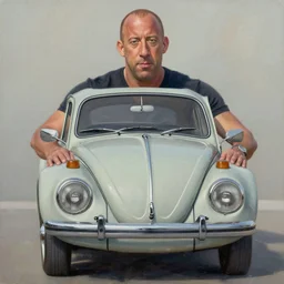 vin diesel holds over its head on its two hands volkswagen beatle, oil on canvas, naturalism