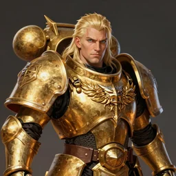 warhammer 40k, half-lenght portrait of Emperor of Mankind, beautiful man without helmet, gold armor, beautiful face, long blonde hair, digital art, illustration, fine details, cinematic, highly detailed, octane render