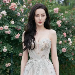 realistic photograph of a beautiful woman in a lush garden with roses in her hair and an intricate gown, portrait, highly detailed,