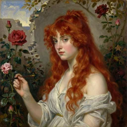 red hair woman painting by dante gabriele rossetti, ruins with plants of roses in the background, beautiful oil painting from 1 8 5 0, slightly desaturated,