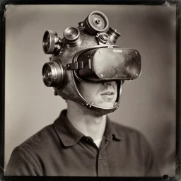 vintage ambrotype 1 9 2 0's photo of mark zuckerberg wearing a giant oversized steampunk large vr helmet toshiba bubble helmet