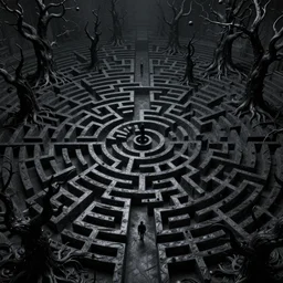 dense dark black maze, gnarled black trees, dark fantasy, volumetric lighting, 8 k octane beautifully detailed render, post - processing, extremely hyper - detailed, intricate, epic composition, intricate, trending on artstation, stunning art by hathazi, wonderful masterpiece by frazetta