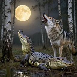 Chimera with crocodile body and wolf head in a birch tree swamp howling at a yellowish full moon, photorealistic photoshop artwork