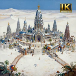 a temple city surrounded by white salt desert dunes, merchants, colorful, matte oil painting, chrome cathedrals, retrofuturistic, concept art, science fantasy, mutant, lgbt, rpg, epic, rust, salt, jungle, dungeons & dragons, sharp focus, award - winning, extremely detailed, 4 k, 8 k