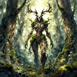gnarled female form forest spirit standing in the woods, skull, branch antlers, moss, vines and flowers, totem, light rays, high detail, cinematic lighting, anime, manga, watercolor, by greg rutkowski,