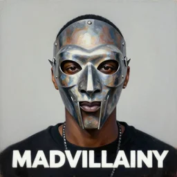 a portrait of mf doom with his metal mask on. oil painting by kehinde wiley. madvillainy album cover