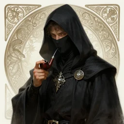 young shadow mage male, holding a pipe, shrouded face, deep focus, d & d, fantasy, intricate, elegant, highly detailed, digital painting, artstation, concept art, matte, sharp focus, illustration, hearthstone, art by artgerm and greg rutkowski and alphonse mucha