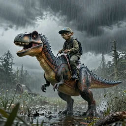 Gollum riding dinosaur in trunderstorm, swamp, ultra realistic, 8k