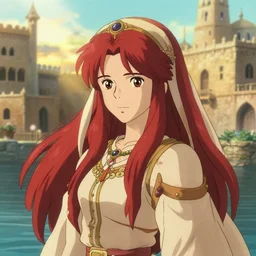 a film still of a japanese - arabian princess with long red hair, dressed as a arabian nights princesss, sun lighting, water, finely detailed features, perfect art, at an ancient city, gapmoe yandere grimdark, trending on pixiv fanbox, painted by greg rutkowski makoto shinkai takashi takeuchi studio ghibli, akihiko yoshida