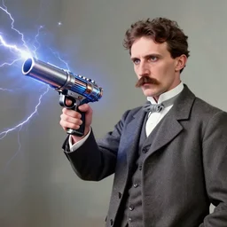 color photograph of Nicola Tesla holding a futuristic tesla gun with lightning, tesla coil, futuristic, dynamic lightning, 4k, modern photograph, digital art