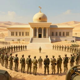 a crowd gathering around | government security facility military | in the hot desert trending on artstation digital paint 4 k render