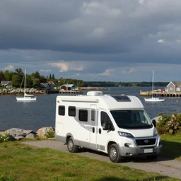 class a motorhome on the grass by the harbor in maine, rocky coast, sailboats in the water, tiny village, white background, digital cartoon painting art, 4 colors!!! trending on artstation