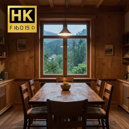 photo of a beautiful wooden dining room with a window with a view of a rainy european forest outside,it's getting dark, beautful view,winning award photo,4k