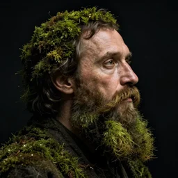 a man's face in profile, long beard made of moss, in the style of the dutch masters and gregory crewdson, dark and moody