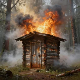 a wood outhouse exploding, finnish forest, rust, hyperrealistic, highly detailed, cinematic, single ray of sun, fog, beautiful, cgssociety, artstation, 8 k, oil painting
