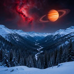 A forested valley surrounded by ice mountains at night, a red nebula and orange gas giant with rings in the sky, no clouds, sci-fi, photorealistic