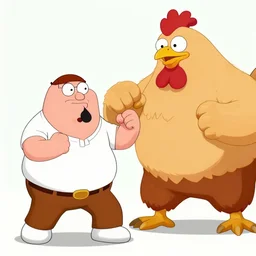 real life Peter Griffin in a fist fight with giant chicken man, photorealistic, cinematic lighting, action movie, still frame from an action movie, highly detailed