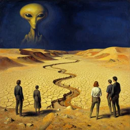 the ancient alien home world by remedios varo and ivan shishkin and zacharias aagaard and simon stalenhag and escher, dry river bed, barren desert landscape, chiaroscuro, tonalism, sfumato, high saturation, high contrast, vibrant, highly intricate details, dusty