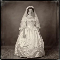 full body shot tintype of a beautiful spanish princess with delicate features in a wedding dress, circa 1 8 5 3, highly detailed, fancy, beautiful face, symmetry face, 1 8 5 0 s, beautiful silk gown, pearl necklace, wedding veil, short brown hair