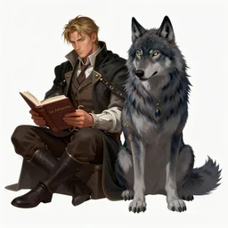 concept art of fitzchivalry and nighteyes wolf reading the book les antiseches du bonheur of jonathan lehmann,, by aenaluck, artgerm and roberto ferri and greg rutkowski, blue and white tones, digital painting, artstation, concept art, smooth, sharp foccus ilustration hq