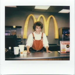 johnny five aces working the front counter of mcdonald's ready to take your order, eighties polaroid, flash photography, photorealistic, kodachrome