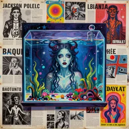 acrylic painting of a bizarre nightmare woman in front of an aquarium in a nightmare, mixed media collage by basquiat and jackson pollock, maximalist magazine collage art, retro psychedelic illustration, 1 9 2 0 s