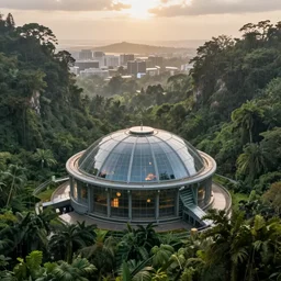 extreme wide shot a futuristic containment building in a rainforest valley with a city in the distance, national geographic, hyper realistic, 4 k, warm light, a sense of hope, artstation