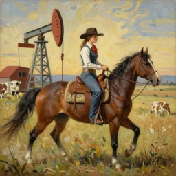 a painting of a cowgirl riding her horse with texas oil derrick in background, in the style of hieronymus bosch, baugh and ed binkley, digital art