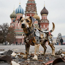big post apocalyptic dog made of junk in moscow