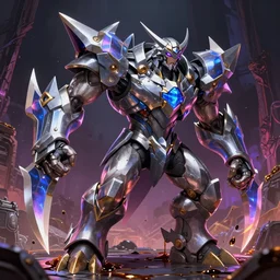 Final boss beast muscular overpowered with chromatic steel blades and sharp edges, drips of used engine oil on the floor, pulsating and shattering sounds, Xibalba in underworld the background, in the style of  Z.W. Gu from trending on artstation, HD, Octane render, smooth, sharp focus, Anime style