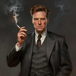 a highly detailed illustration of j. r oppenheimer smoking a glowing nuclear cigarette, dramatic smoking pose, intricate, elegant, highly detailed, centered, digital painting, artstation, concept art, smooth, sharp focus, league of legends concept art, wlop.