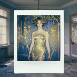 an elegant girl in a liminal abandoned room, blue and gold, old polaroid by goya, by velazquez, digital painting, jugendstil, art noveau, strong lights, flat colors, pastel colors, highly detailed,