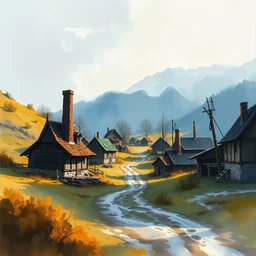paint brush strokes, abstract watercolor painting of rustic village at midday, viking age, ambient lighting, art by hans dahl, by jesper ejsing, art by anders zorn, wonderful masterpiece by greg rutkowski, cinematic light, american romanticism by greg manchess, creation by tyler edlin