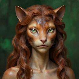 detailed portrait in femininity, regal alien, feline, realistic face sculpted features, specular eyes, statuesque model, natural skin, silky ruffled hair, warm glow, subsurface scattering, wet reflections, chiaroscuro, organic impressionism, dappled backdrop, burnt sienna and emerald color, painterly octane render